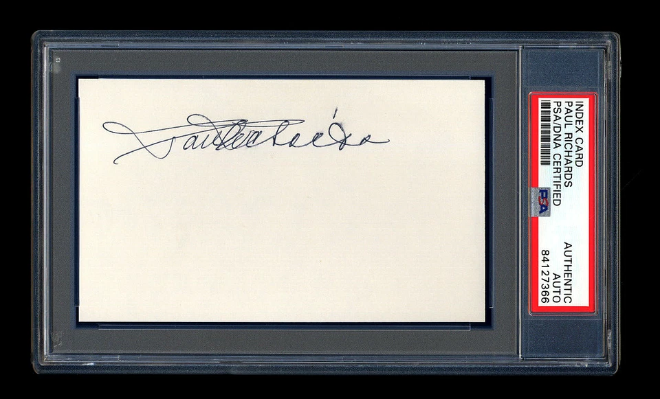 PAUL RICHARDS SIGNED INDEX CARD PSA/DNA AUTOGRAPHED BALTIMORE ORIOLES GM HOF  - Image 1 of 1
