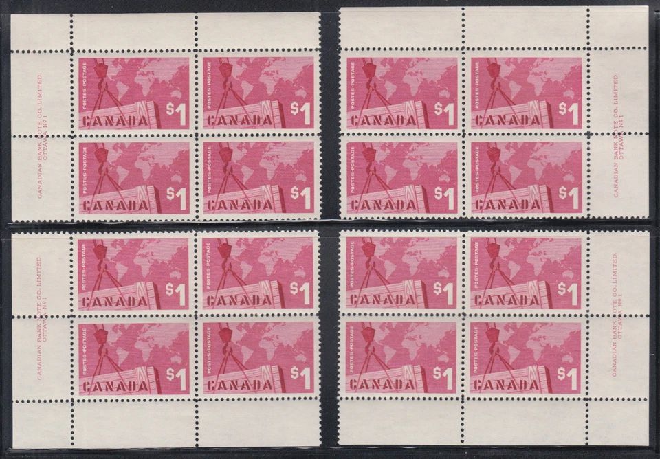 Canada Uni 411 MNH. 1963 $1.00 Canadian Exports, matched Plate #1 blocks of 4 VF - Image 1 of 1
