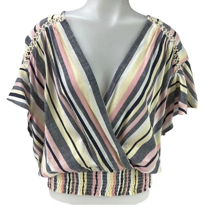 WOMEN'S PLUS SZ 4X ROMANTIC GYPSY PASTEL STRIPE BOHO WRAP CROP TOP OPEN SHOULDER - Image 1 of 4