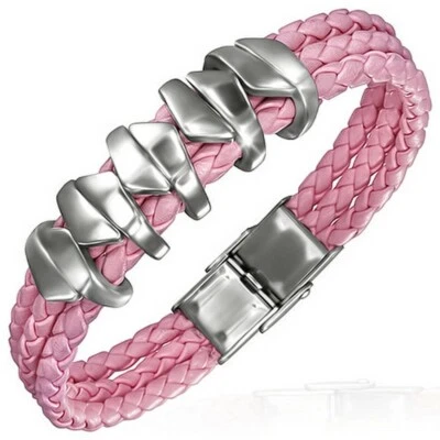 Pulsera unisex triple fila de cuero rosa de acero inoxidable con cierre Foto 1 de 2