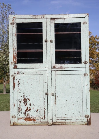 Antique apothecary cabinet green chippy paint glass door with shelving rustic Cover