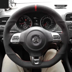 Black Suede Leather Red Marker Steering Wheel Stitch-on Wrap For VW Golf MK6 GTI - Picture 1 of 12