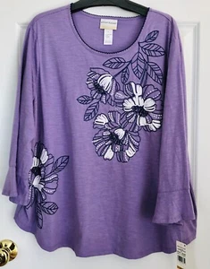 ALFRED DUNNER WOMEN'S TOPS PULLOVER SIZE 3X LAVANDA FLORAL EMBROIDERED PS2103 - Picture 1 of 8