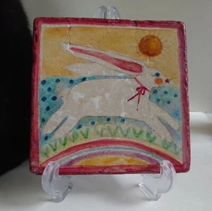 Hand Painted Ceramic Decorative Tile 6"x 6" Rabbit & Rainbow for Spring / Easter - Picture 1 of 3