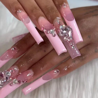 French Pink Heart Rhinestones Tips Fake Nails Long Coffin Press On Nails Decor - Image 1 of 4