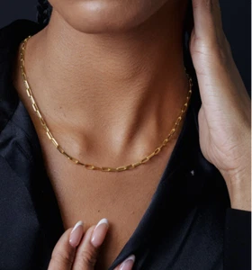 14k Gold Plated Solid 925 Sterling Silver 3mm Paperclip Rolo Chain Necklace - Picture 1 of 9