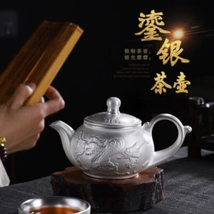 Teiera kungfu argento puro di buon auspicio drago e fenice stile cinese 240 ml fine - Foto 1 di 7