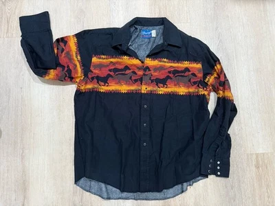 Wrangler Western Shirt Mens Large Pearl Snap Black Horses Orange Ranch Rodeo XL - Image 1 of 4