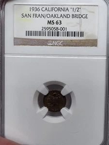 1936 SAN FRANSICO/OAKLAND BRIDGE CALIFORNIA TOKEN 1/2 NGC MS 63 RARE TOKEN !! - Picture 1 of 5
