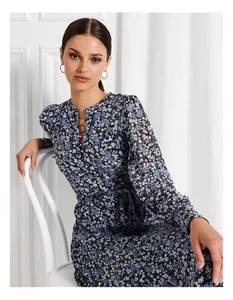 Tokito Dress Floral Long Sleeve Pleated Midi Dress Blue Size AU 12 / US 8 - Picture 1 of 7