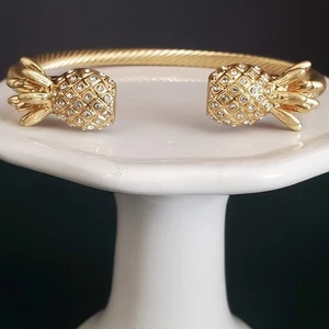 Gold Tone Pineapple Cable Cuff Bracelet with Crystal Accents 4mm Resort Vacation - Picture 1 of 5