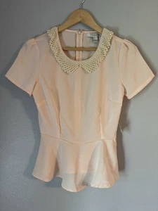 Forever 21 Shirt Womens S Pearl Collar Peplum Peach Satin Feminine Soft Girl NEW - Picture 1 of 9