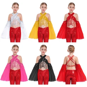 Kids Girls Blouse Theme Crop Top Tassel Shirt Performance Pullover Party Tops - Picture 1 of 44