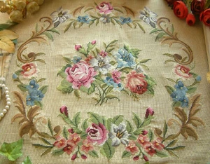 Elegant French Petit Point Vivid Victorian Rose Buds Preworked NeedlepointCanvas - Picture 1 of 5