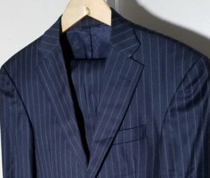 Vtg Bespoke Hilton Full Canvas Suit Navy Blue Gray Stripe Jacket 36R Pants W32 - Foto 1 di 6