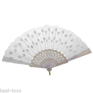 12-er Pack Klapp Fächer Hand Taschen Tanz Stoff Fächer Pailetten Hochzeit weiß - Bild 1 von 2
