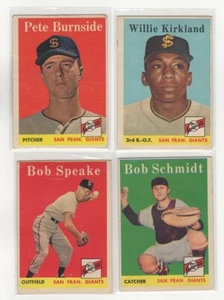 1958 Topps 4-Card Giants Lot w Speake Burnside Schmidt VINTAGE STAR G-EX LOL1 - Bild 1 von 2