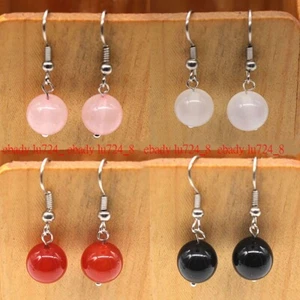 Pretty Natural 4 Colors 10mm Gemstone Round Beads Silver Hook Dangle Earrings AA - Picture 1 of 16