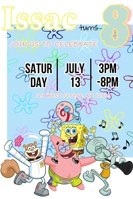 Customizable Spongebob Birthday Invite - Digital Copy - Image 1 of 2