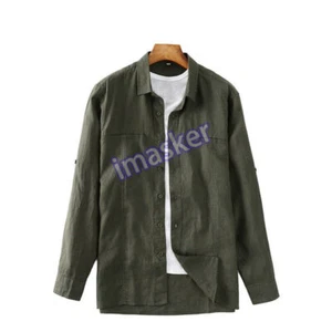 Neu Leinen Herren Revers Tasche Hemd lässig locker und bequem Cardigan Arbeitskleidung - Bild 1 von 16