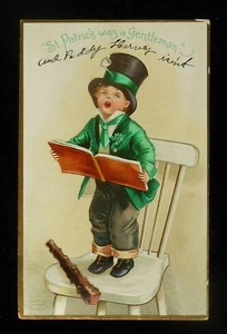 1909 St. Patricks Day Greetings Boy Top Hat Pipe Chair Int. Art Pub. Clapsaddle? - Picture 1 of 1