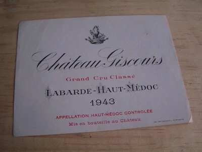 étiquette vin chateau giscours 1943 Margaux grand cru classé wine label - Photo 1/2