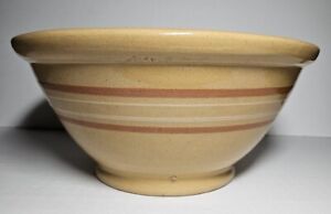 Yellow Ware Pottery Footed Mixing Bowl Rust & White Stripes Antique Vintage 