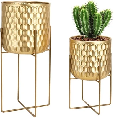Set of 2 Gold Metal Planters with Stands 31cm & 45cm Indoor Outdoor Flower Pots - Image 1 of 4