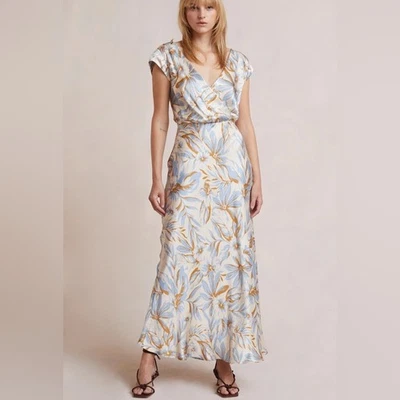 Maxi Vestido Bec Bridge Stella Satinado Cuello en V Espalda Abierta Beige Azul Estampado Floral 6 EE. UU. Foto 1 de 4