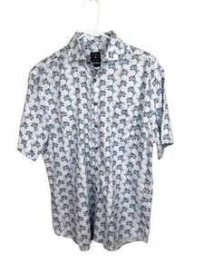 Johnnie O Shirt Mens Medium Blue Top Shelf Short Sleeve Button Up Leaf Print - Picture 1 of 12