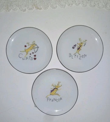Мини-тарелки для закусок Pottery Barn Reindeer Coasters 4 дюйма Blitzen, Cupid, Prancer - Изображение 1 из 4