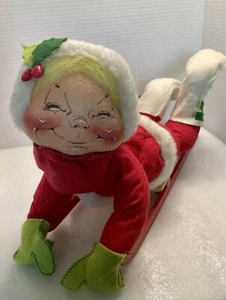 Annalee 18” Mobilitee Doll 1971 Girl on Sleigh red Wood Sled Christmas Decor - Picture 1 of 12