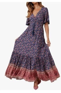 R Vivimos Dress Women L 12/14 Blue Floral Tiered Prairie Cottage Midi Boho - Picture 1 of 6