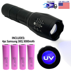 UV LED Flashlight Utraviolet Black Light Torch 365nm +4 PCS INR18650-30Q 3000mAh