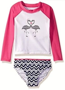 NAUTICA Flamingo Heart UV RashGuard White Pink Navy Blue 2 pc Swim Suit GIRLS 10 - Picture 1 of 8