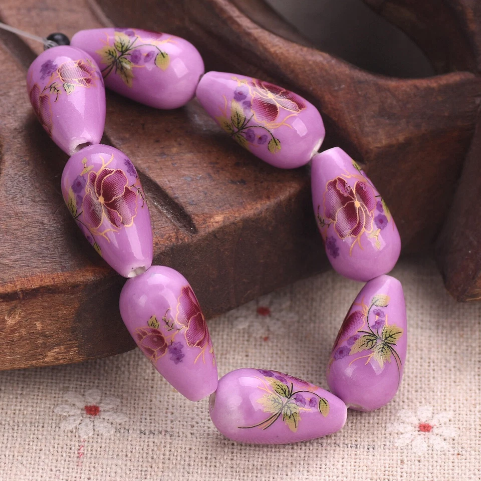 10pcs Flower Patterns 10x20mm Teardrop Shape Ceramic Porcelain Loose Beads Lot - Image 1 of 3