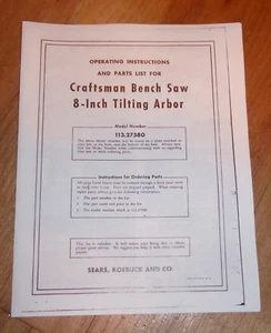 SEARS CRAFTSMAN 8 INCH BENCH SAW OWNERS MANUAL 113.27580 27580 TABLE TILTING ARB - Picture 1 of 1