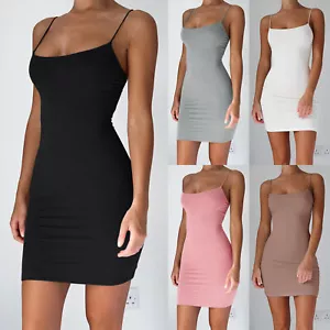 Ladies Strappy Cami Mini Bodycon Vest Tank Top Dress Plus Size Stretchy Jersey - Picture 1 of 10