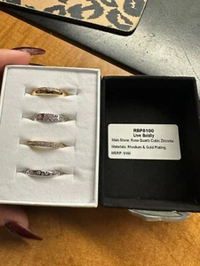 BP Luxe Bands Size 8 "Live Boldly" Rose Quartz CZ Rhodium & Yellow Gold Plated - Picture 1 of 3