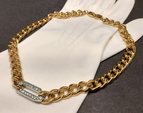 Collana Collare Catena Cubana Vintage Firmata Givenchy Tono Oro Cristalli Verde