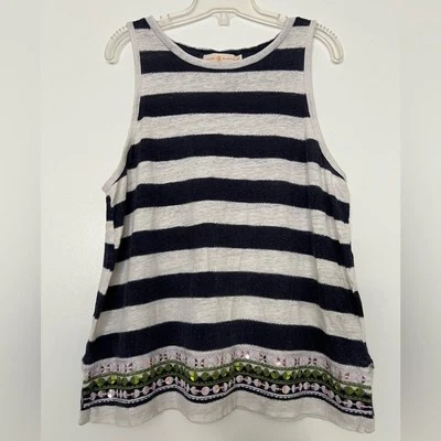 Camiseta sin mangas Tory Burch azul marino/blanco a rayas con lentejuelas de algodón/lino Foto 1 de 4
