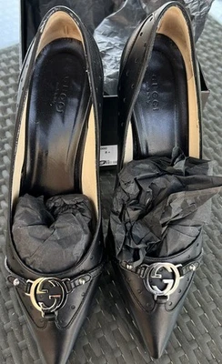 Vintage Gucci Tom Ford Kitten Heels Shoes Logo Black Sz 38.5 Italy NWOB - Image 1 of 4