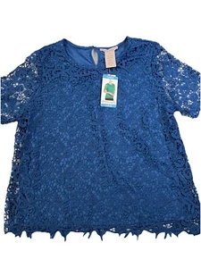 Philosophy Women's Blouse Large Blue Lace Overlay Short Sleeve Business NWT $78 - Picture 1 of 13