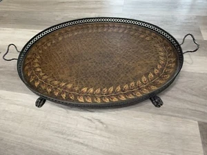 Sarried LTD Brass & Leather Tooled Hairy Footed Decorative Table Serving Tray - Picture 1 of 8