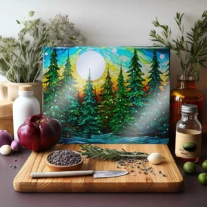 Snowy Forest Green Trees Glass Cutting Board - Picture 1 of 3