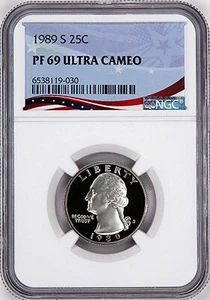 1989-S Washington Proof Quarter, Graded PF69 Ultra Cameo by NGC, Patriotic Label - Picture 1 of 4