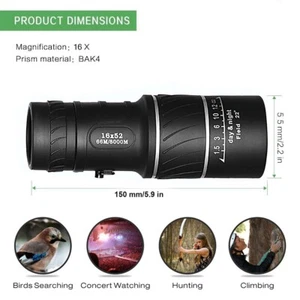 HD 16x52 Dual Focus Telescope Optics Zoom Monocular Telescopic Hunting Camping - Picture 1 of 12