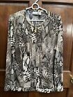 CHICOS Sz 2 Animal Print Zip Pleat Front Blouse Top Gold Accent Poly Stretch