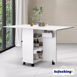 Folding Dining Table Dinner Desk Foldable Wooden with Shelves Wheels White - Picture 1 of 11