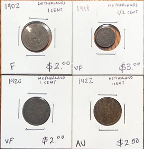 Netherlands Coin Lot: 1902, 1920 & 1922 - 1 Cent & 1911 - 1/2 Cent - Picture 1 of 2